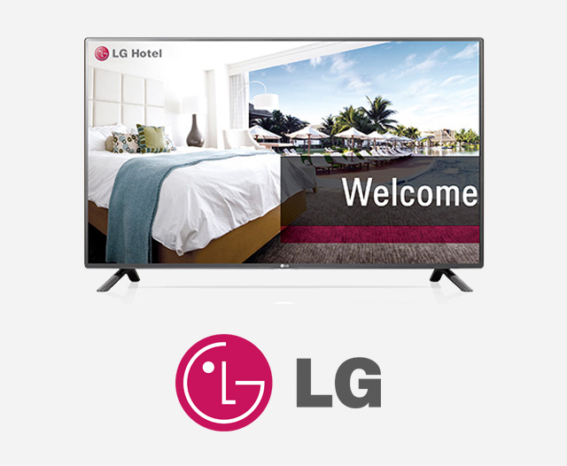 LG Hospitality Screens in a luxurious hotel room looking out over tropical swimming pool
